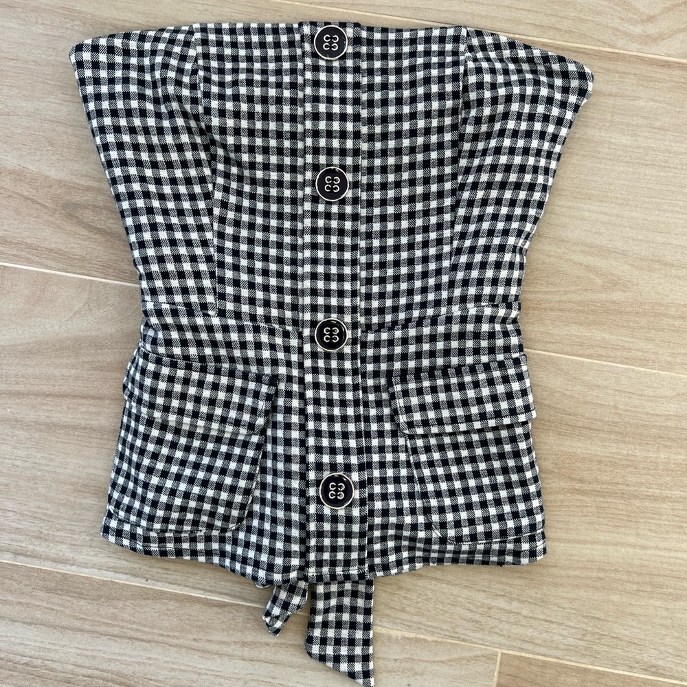 Eva Franco Navy Gingham Strapless Top